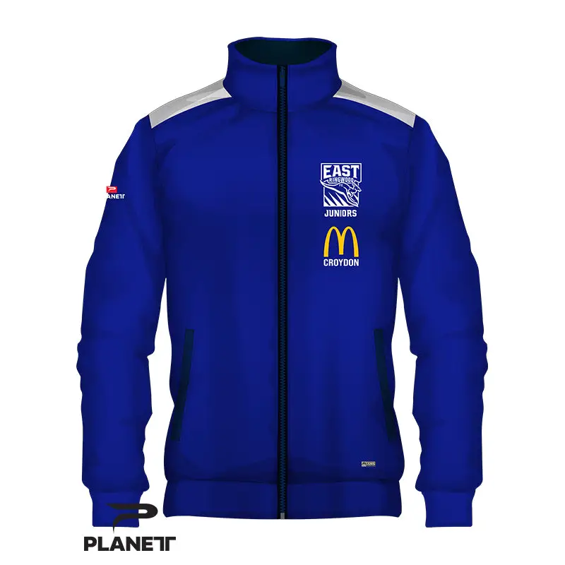 Blue and white zippered jacket.