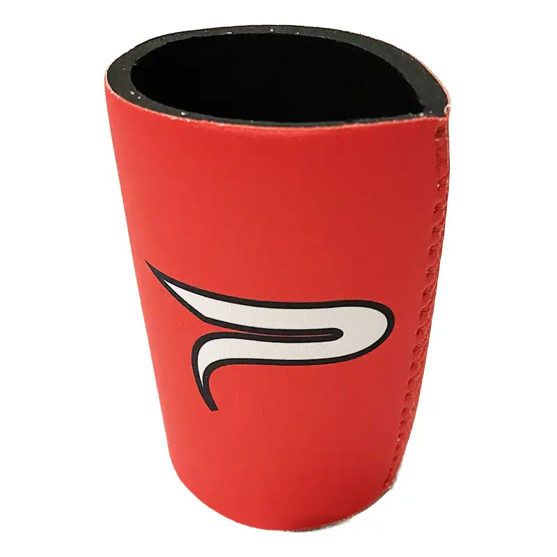 Red drink insulator with white logo.