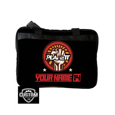 Black shoulder bag with graphic.