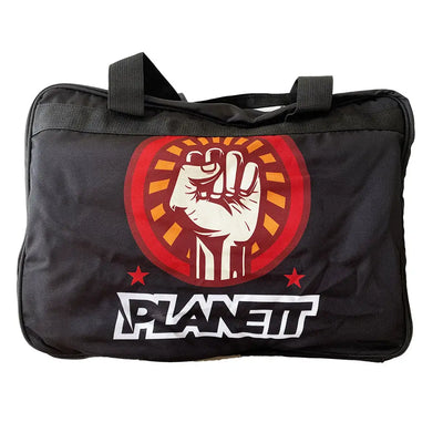 Black duffel bag with a fist graphic.