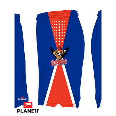 Blue basketball shorts with orange accents and team logo.