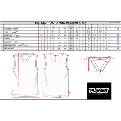 Basketball jersey sizing chart.