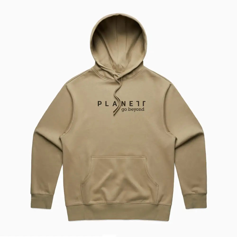 Beige hooded sweatshirt.