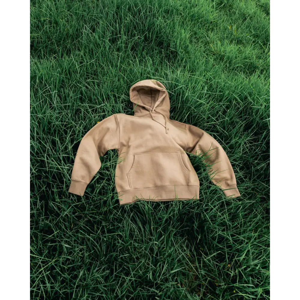 Tan hooded sweatshirt.