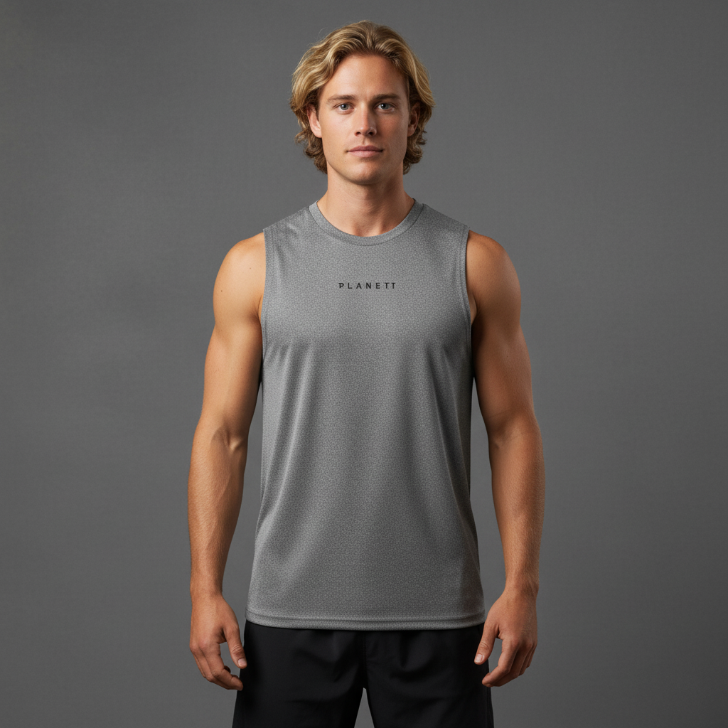 Men’s gray sleeveless athletic top.
