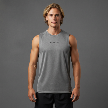Men’s gray sleeveless athletic top.