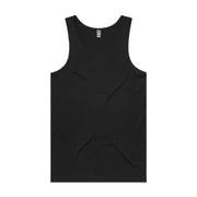 Black tank top with scoop neck and ribbed hem, made of cotton blend material.
