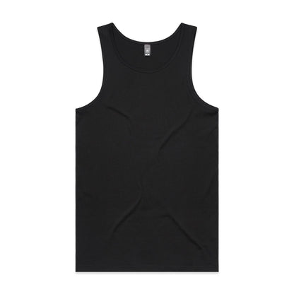 Black tank top with scoop neck and ribbed hem, made of cotton blend material.