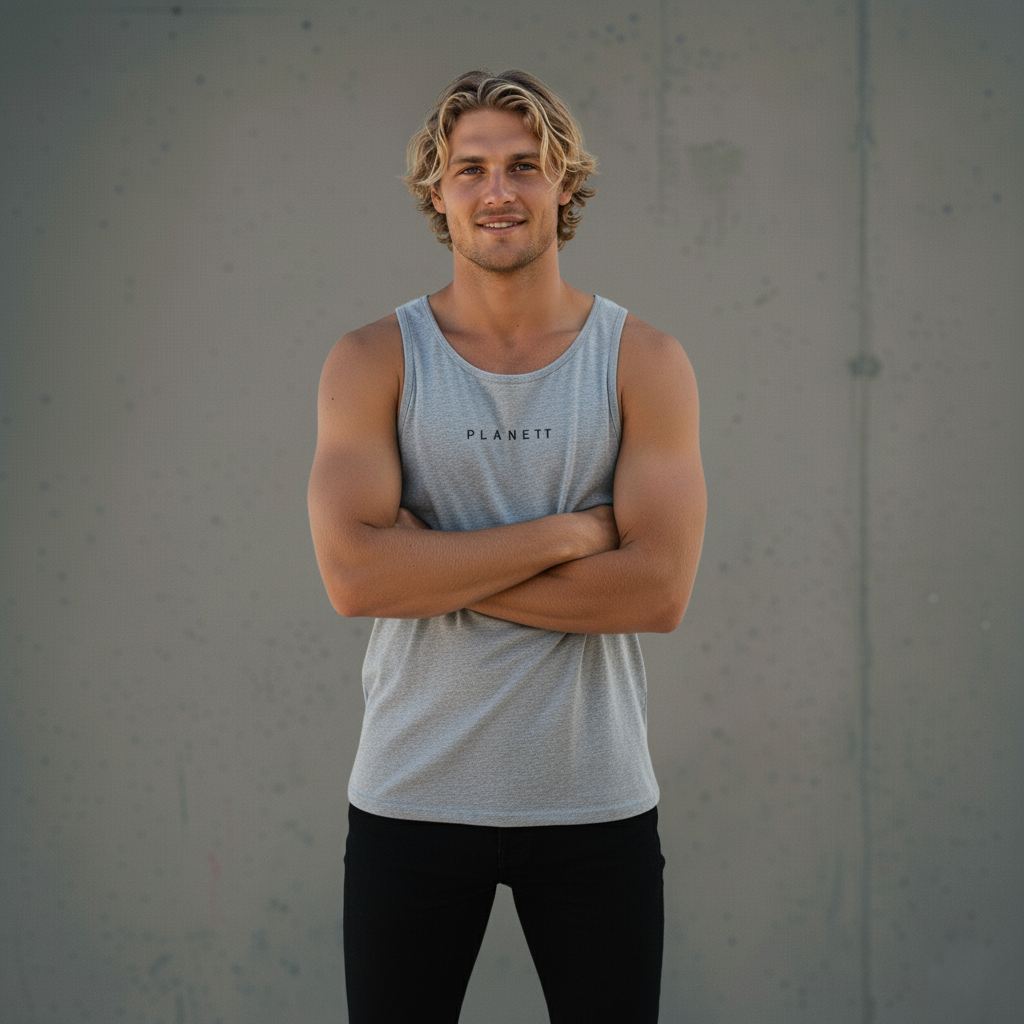 A man in a light grey tank top and black pants.