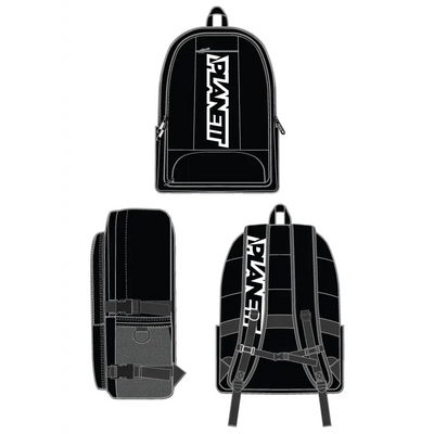 Black backpack with white logo.
