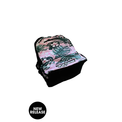 Floral-patterned backpack with black trim.