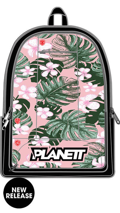 Pink backpack with tropical leaf and flower pattern, black trim and zippers.