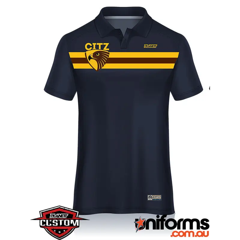 Navy polo shirt with brown and gold stripes.
