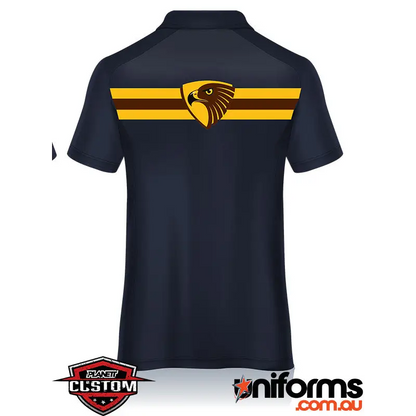 Navy polo shirt with hawk emblem.
