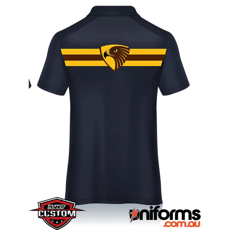 Navy polo shirt with hawk emblem.