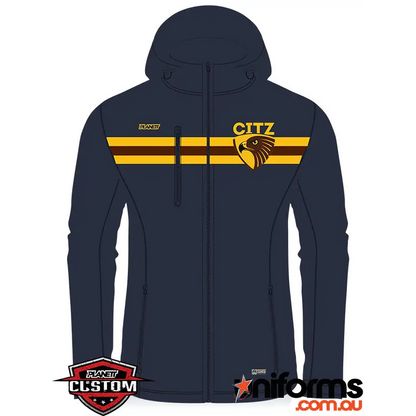 Navy hooded jacket with gold and brown stripes.