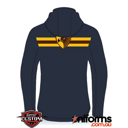 Navy hooded sweatshirt with eagle emblem.