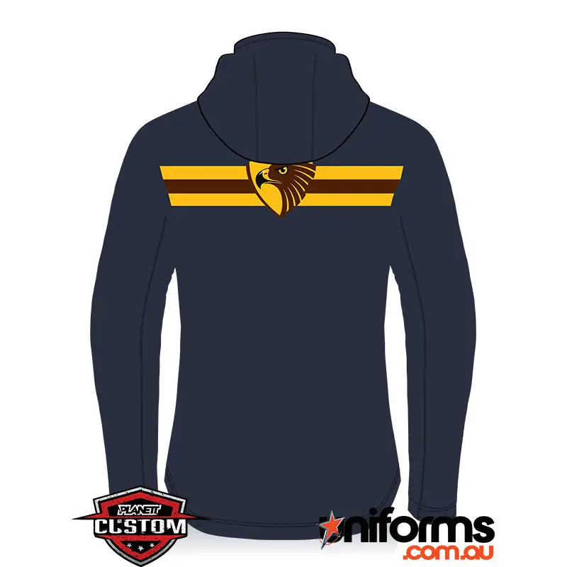 Navy hooded sweatshirt with eagle emblem.
