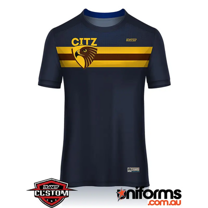 Navy blue t-shirt with gold and brown stripes.