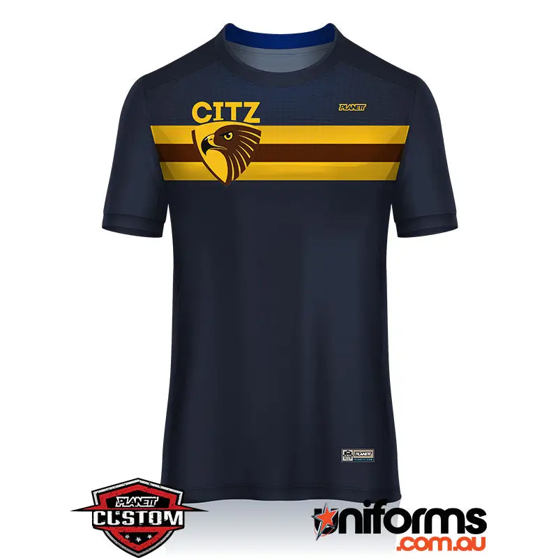 Navy blue t-shirt with gold and brown stripes.