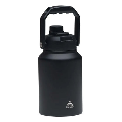 Black water jug with handle.