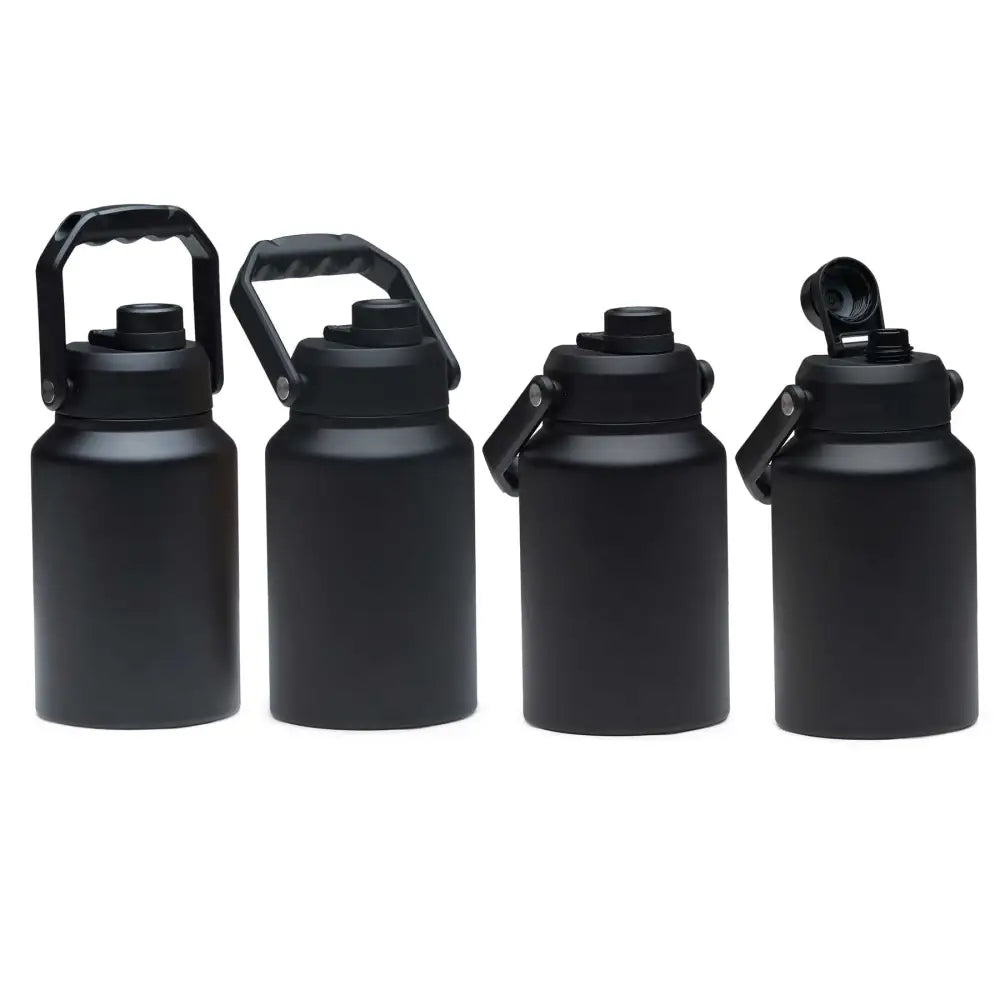 Four black metal water bottles.