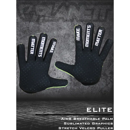 Pair of black gloves with white text.