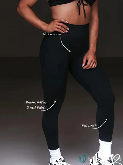 Black leggings with brushed 4-way stretch fabric and full length design.