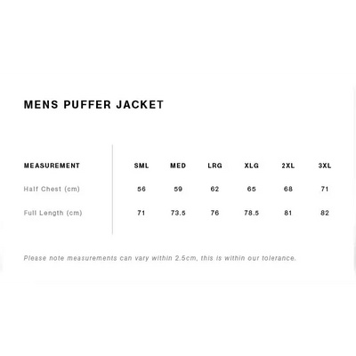 Men’s puffer jacket size chart.