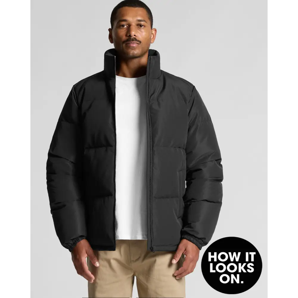 Black puffer jacket.
