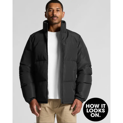 Black puffer jacket.