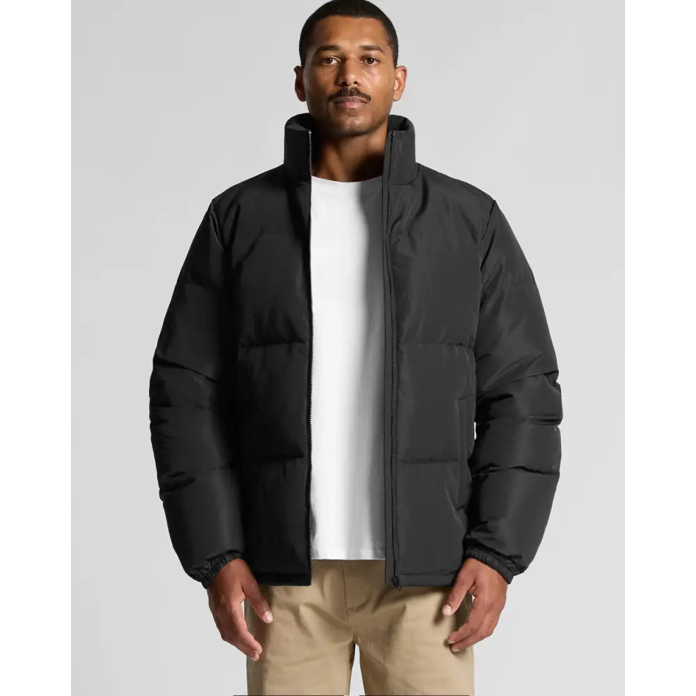 Black puffer jacket.