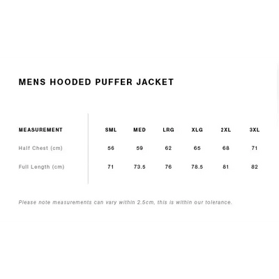 Men’s hooded puffer jacket size chart.