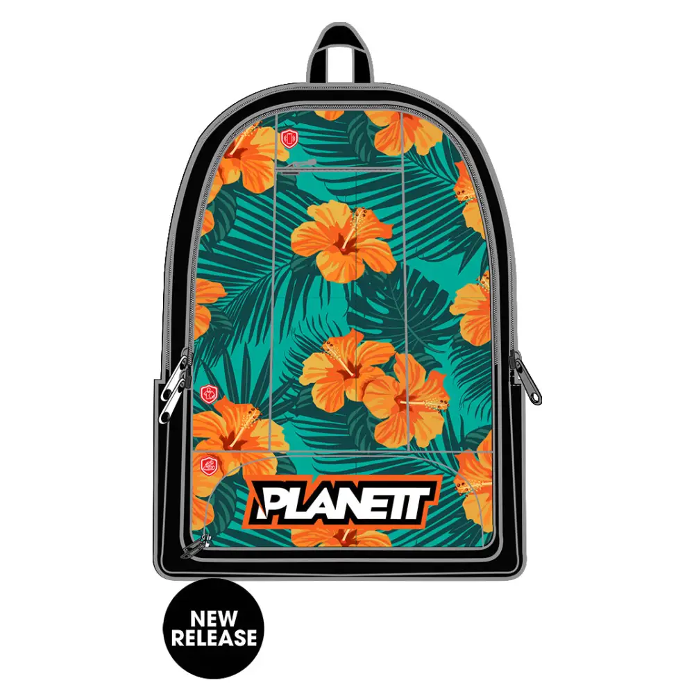 Floral backpack with black trim.