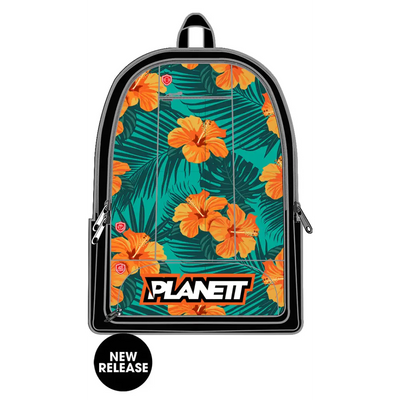 Floral backpack with black trim.