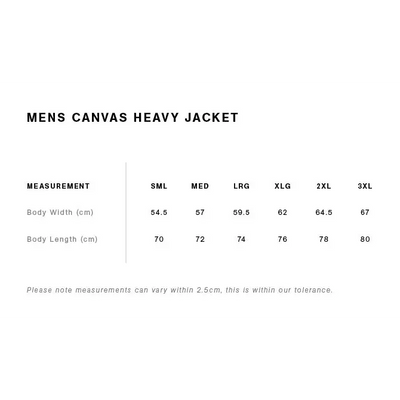 Men’s canvas heavy jacket size chart.