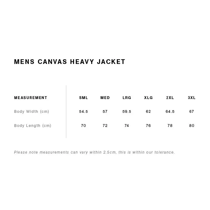 Men’s canvas heavy jacket size chart.