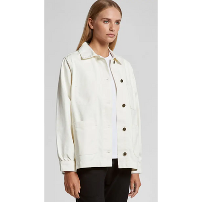 Woman’s off-white button-down jacket.