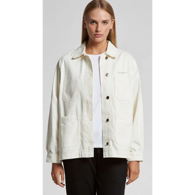 Cream-colored denim jacket.