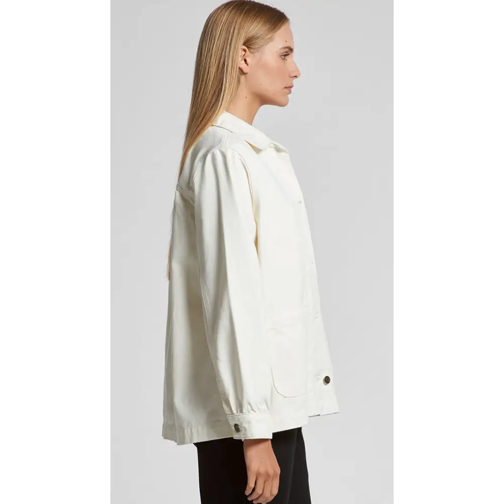 Woman’s off-white jacket.