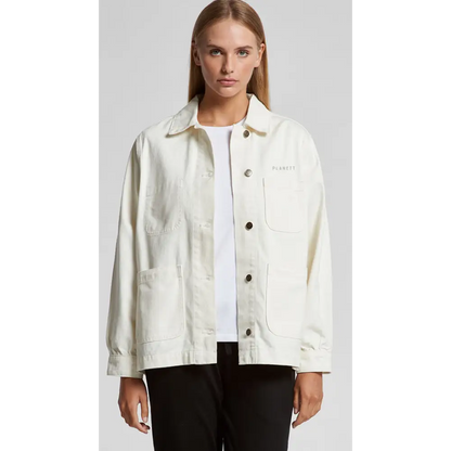 Cream-colored denim jacket.