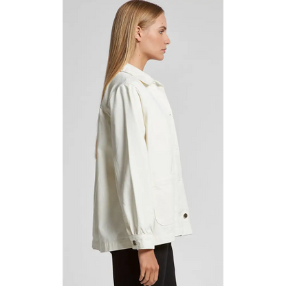 Woman’s off-white jacket.