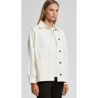 Woman’s off-white button-down jacket.