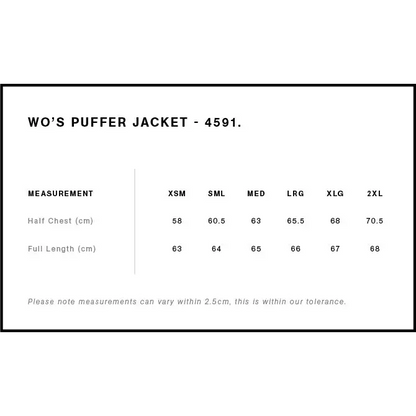 Women’s puffer jacket size chart.