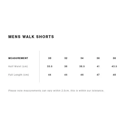 Men’s walk shorts size chart.