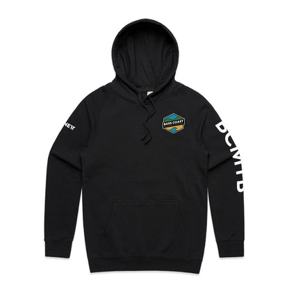 Black hooded sweatshirt with a colorful hexagonal logo on the chest.