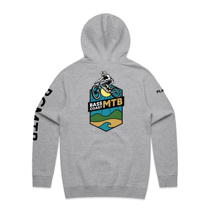 Gray hooded sweatshirt with a mountain biking graphic on the back.
