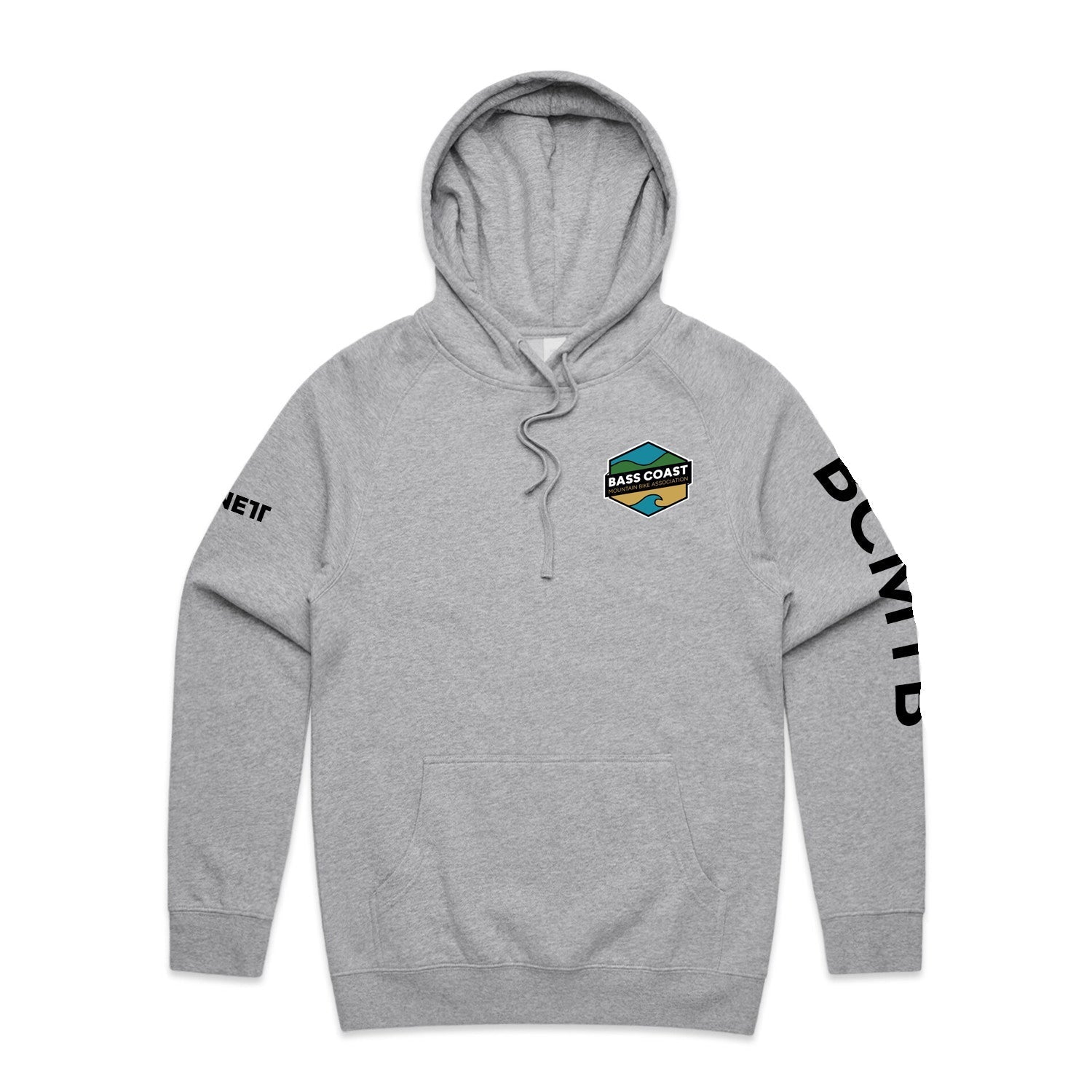 Light grey hooded sweatshirt with a colorful hexagonal logo on the chest and black vertical text on the right sleeve.