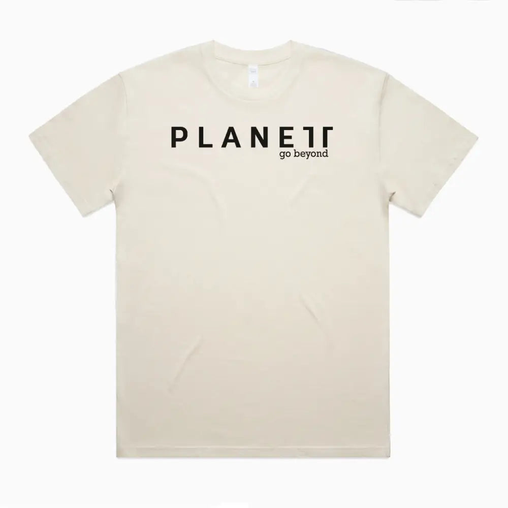 Beige t-shirt with black lettering.