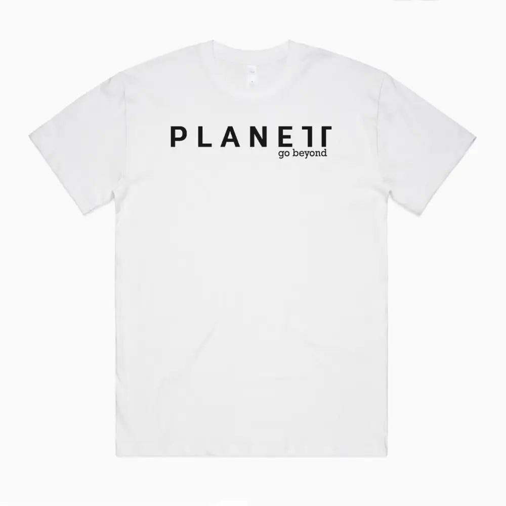 White t-shirt with black text.